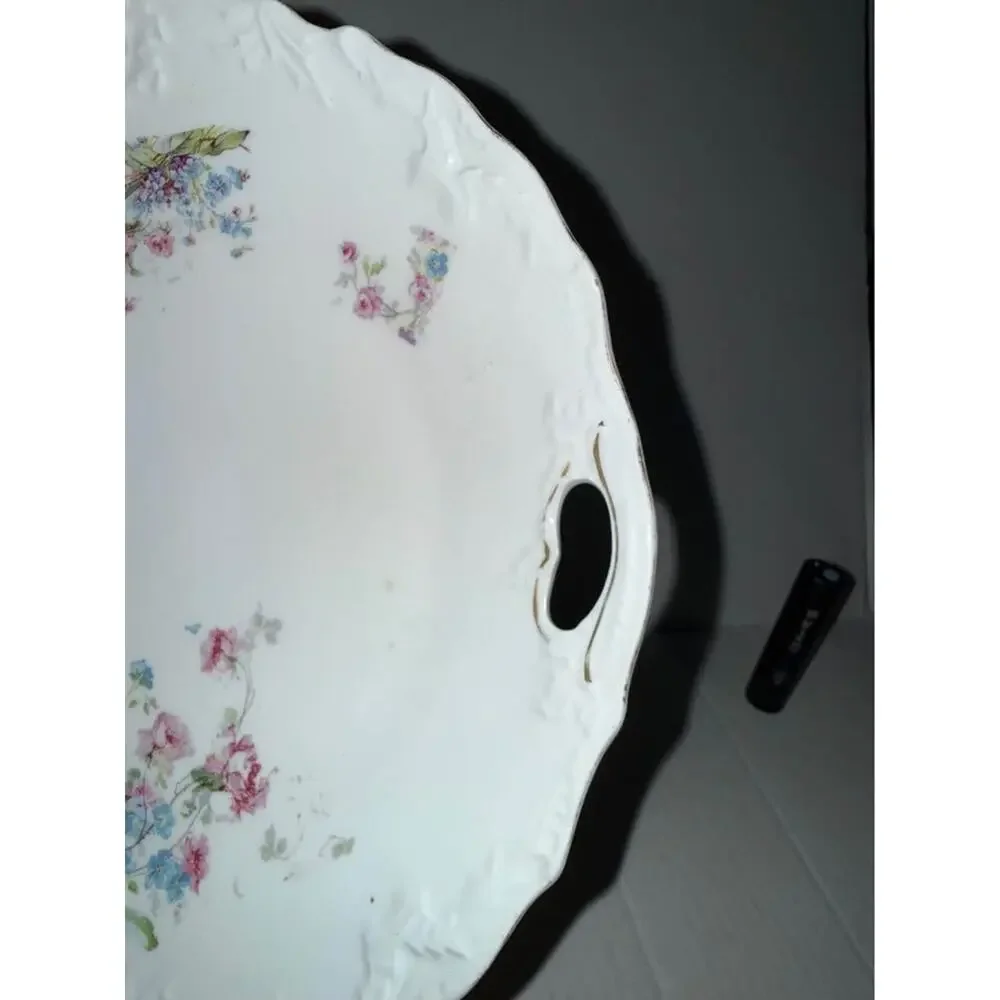 Antique Cake Plate Embossed Pink Roses White Daisies Blue Bachelors Buttons